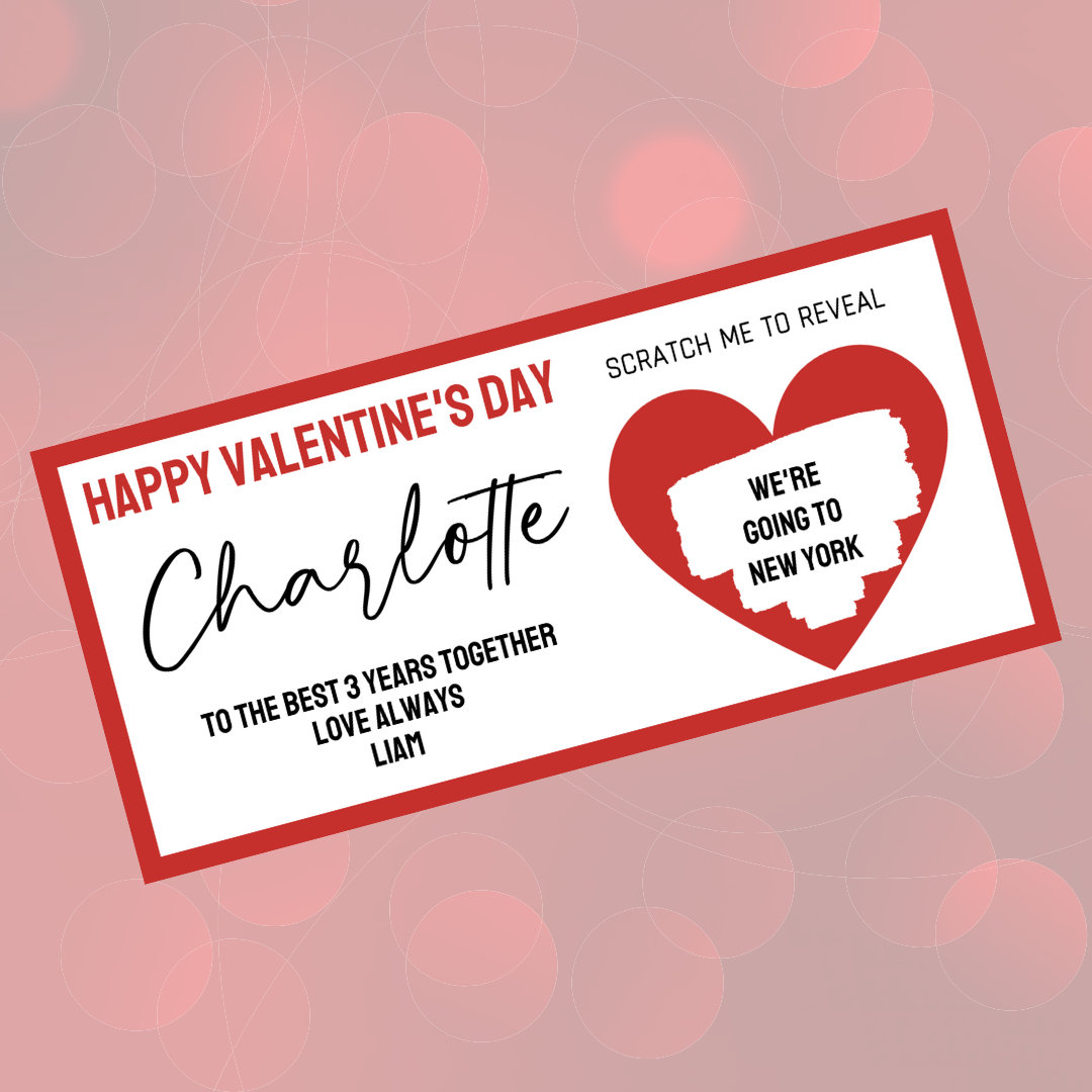 Red Surprise Valentine Ticket Print | Personalised Valentine Ticket | Valentine Scratch Reveal | Gift Idea, Design 3