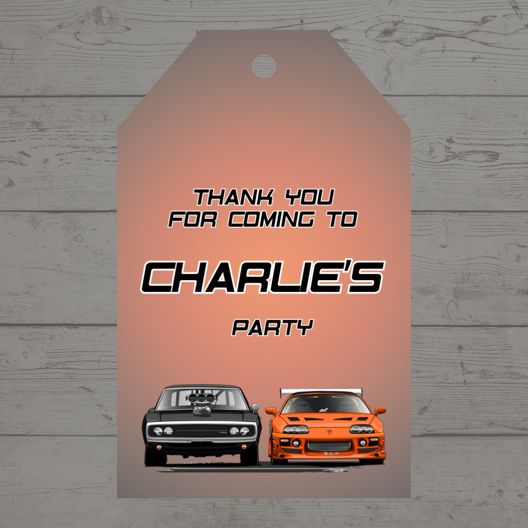 Black Orange Race Car Gift Tags | Car Party Gift Tags | Circle Gift Tags