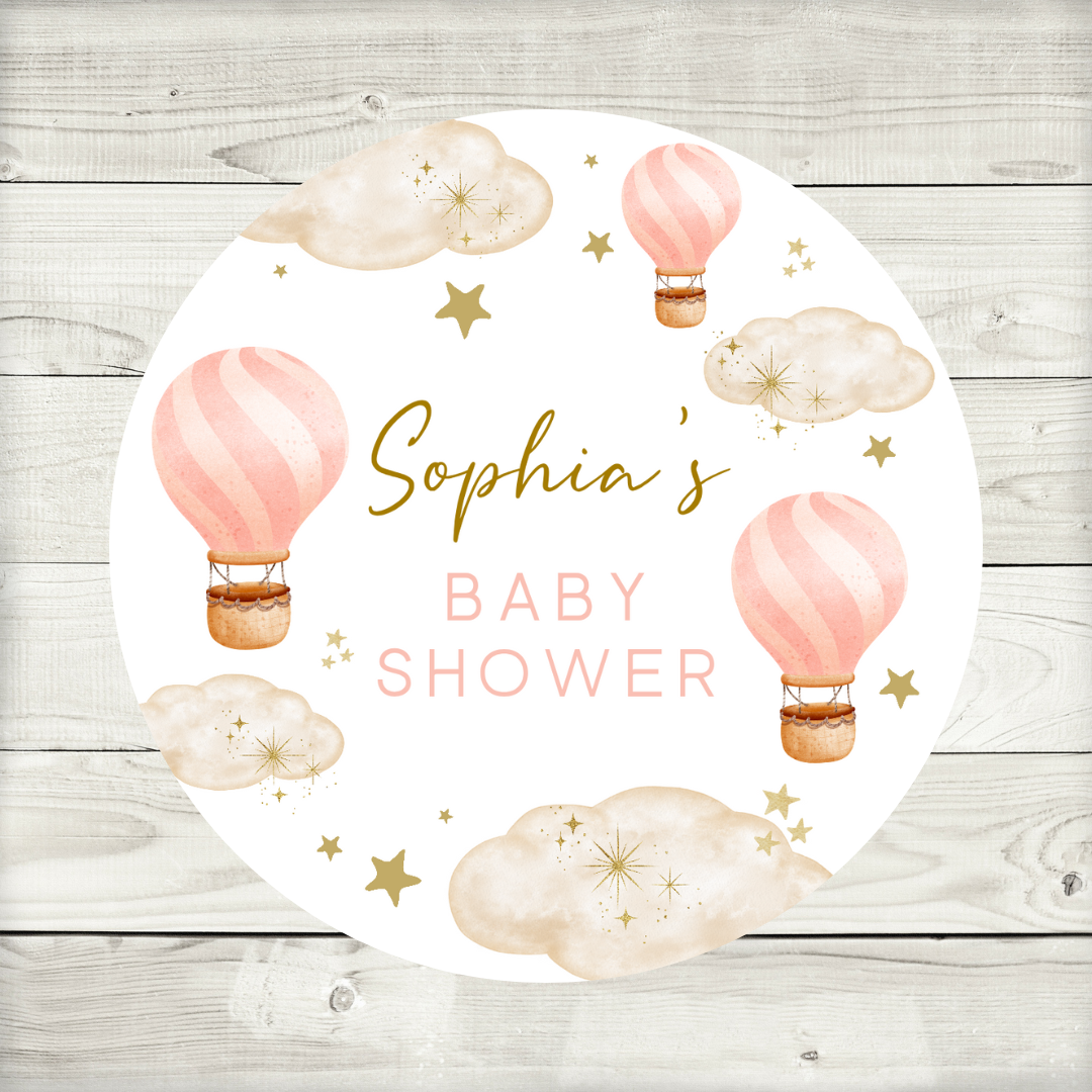 Light Pink Hot Air Balloon Party Circle Stickers | Baby Shower, Birthday Party Stickers | Pink Hot Air Balloon Party Bag Labels
