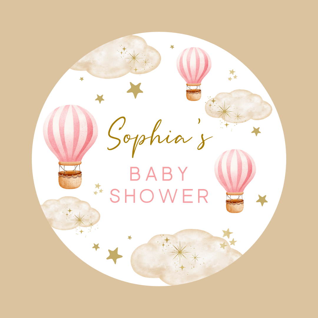Dark Pink Hot Air Balloon Party Circle Stickers | Baby Shower, Birthday Party Stickers | Pink Hot Air Balloon Party Bag Labels