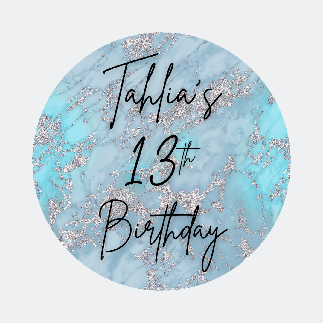 Blue Silver Marble Party Circle Stickers | Hen Do, Birthday Party Stickers | Blue Marble Party Bag Labels