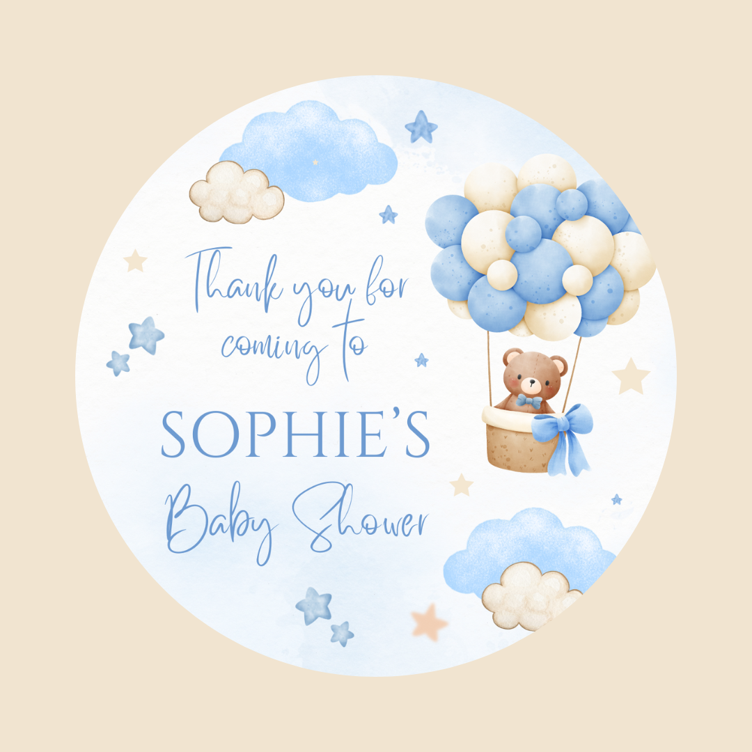 Blue Hot Air Balloon Teddy Bear Baby Shower, Birthday Party Stickers | Circle Stickers | Sticker Sheet | Party Stickers | Teddy Bear Theme