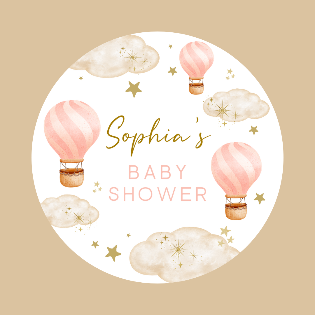 Light Pink Hot Air Balloon Party Circle Stickers | Baby Shower, Birthday Party Stickers | Pink Hot Air Balloon Party Bag Labels