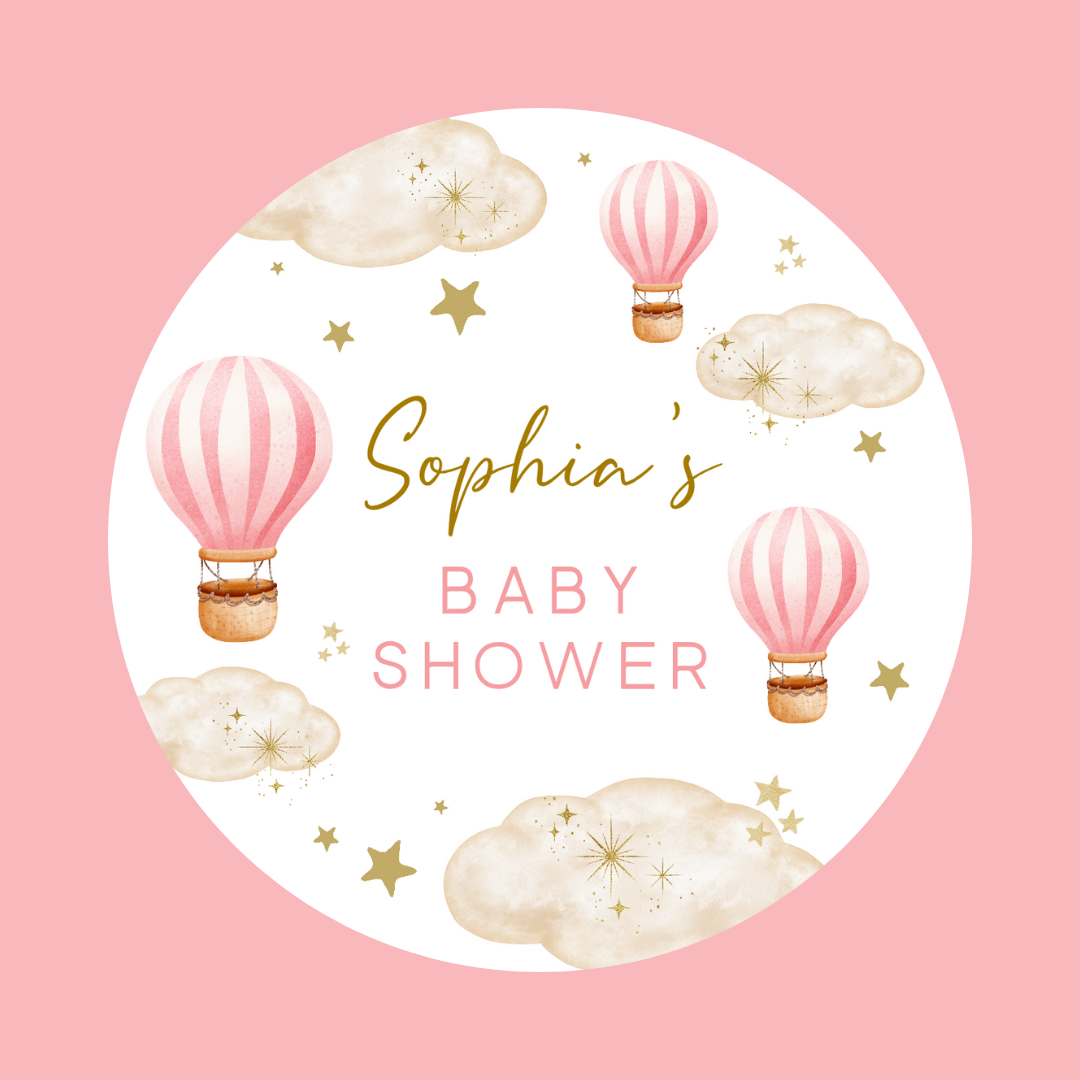 Dark Pink Hot Air Balloon Party Circle Stickers | Baby Shower, Birthday Party Stickers | Pink Hot Air Balloon Party Bag Labels