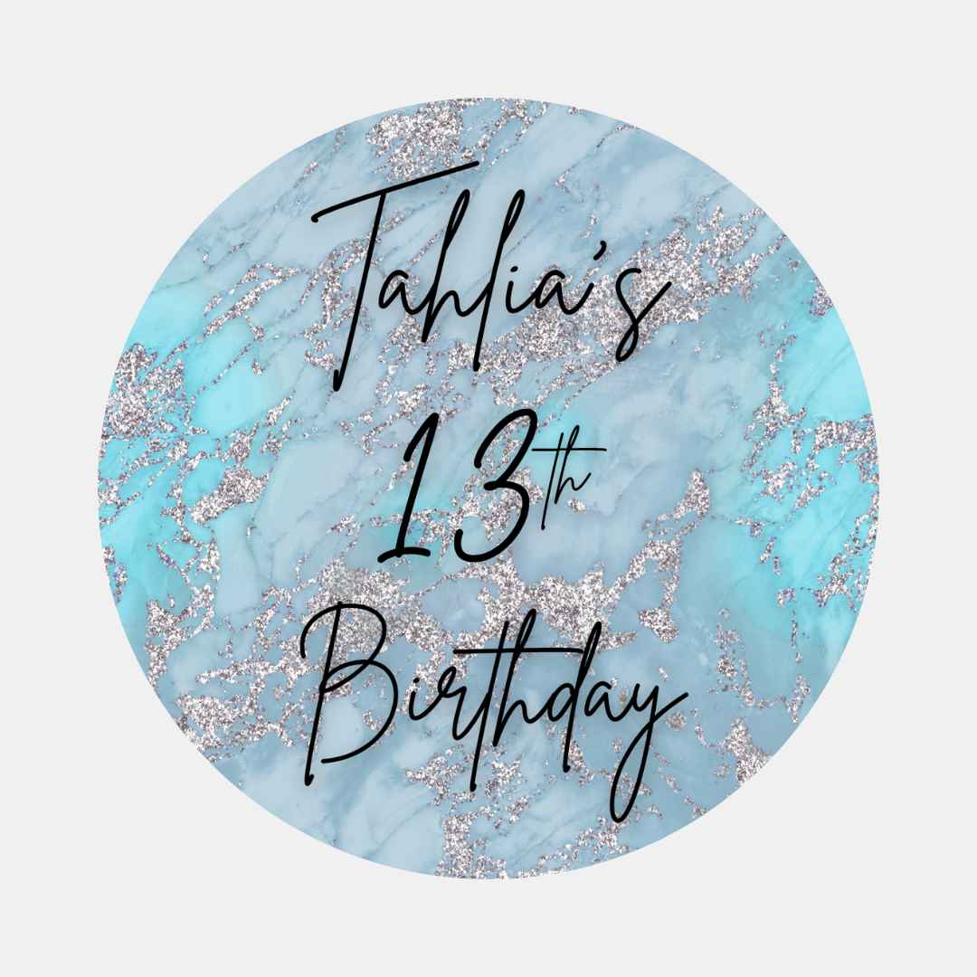 Blue Silver Marble Party Circle Stickers | Hen Do, Birthday Party Stickers | Blue Marble Party Bag Labels