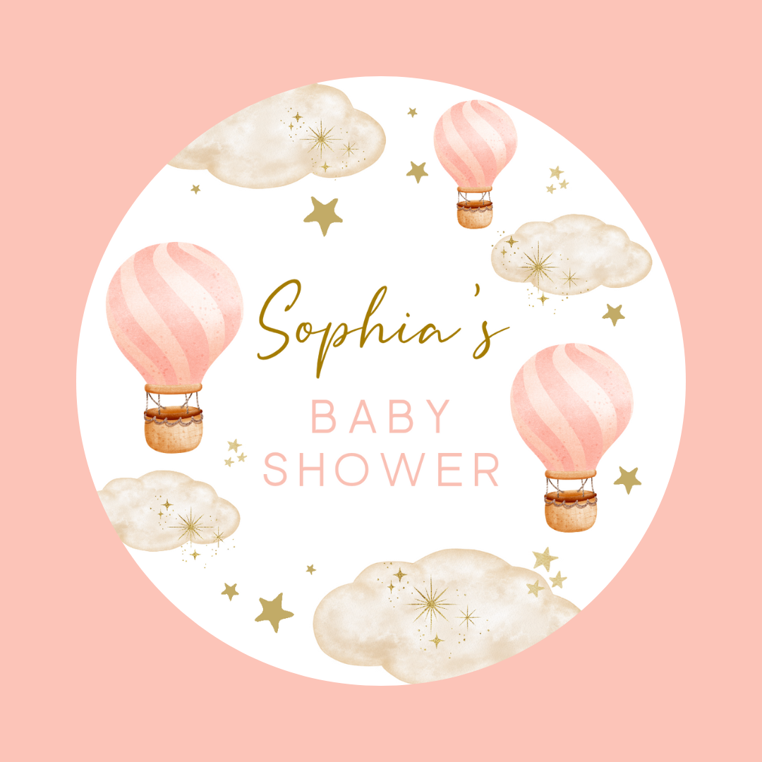 Light Pink Hot Air Balloon Party Circle Stickers | Baby Shower, Birthday Party Stickers | Pink Hot Air Balloon Party Bag Labels