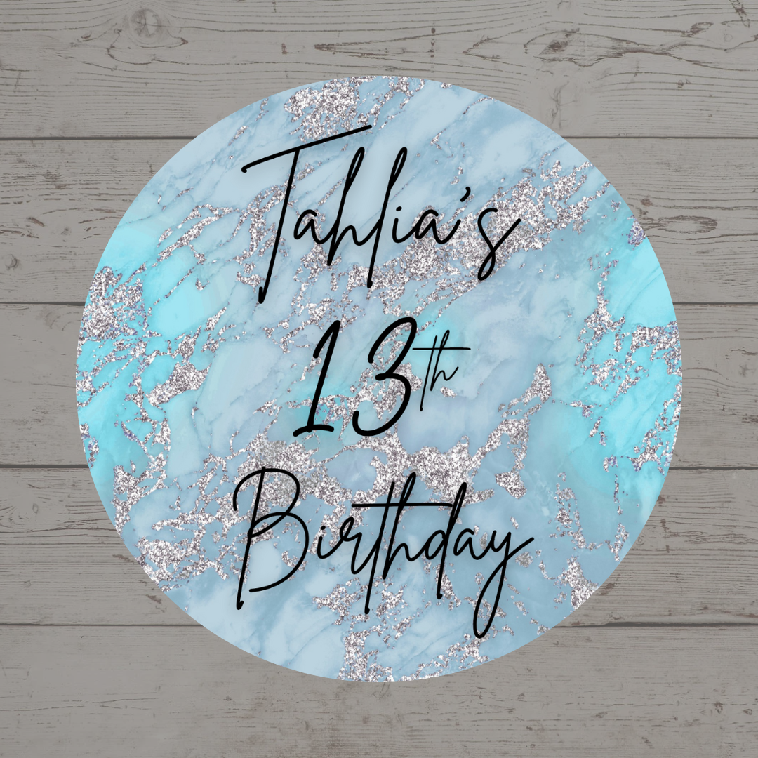 Blue Silver Marble Party Circle Stickers | Hen Do, Birthday Party Stickers | Blue Marble Party Bag Labels