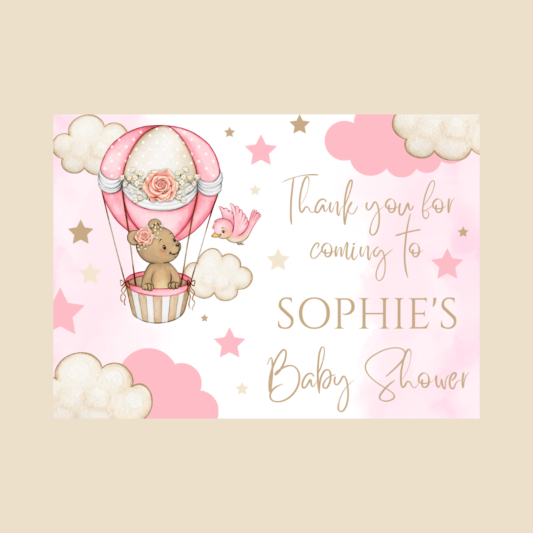 Rectangle Stickers | Pink Teddy Bear Hot Air Balloon Party Stickers | Birthday, Baby Shower, Christening Stickers | Party Bag Stickers