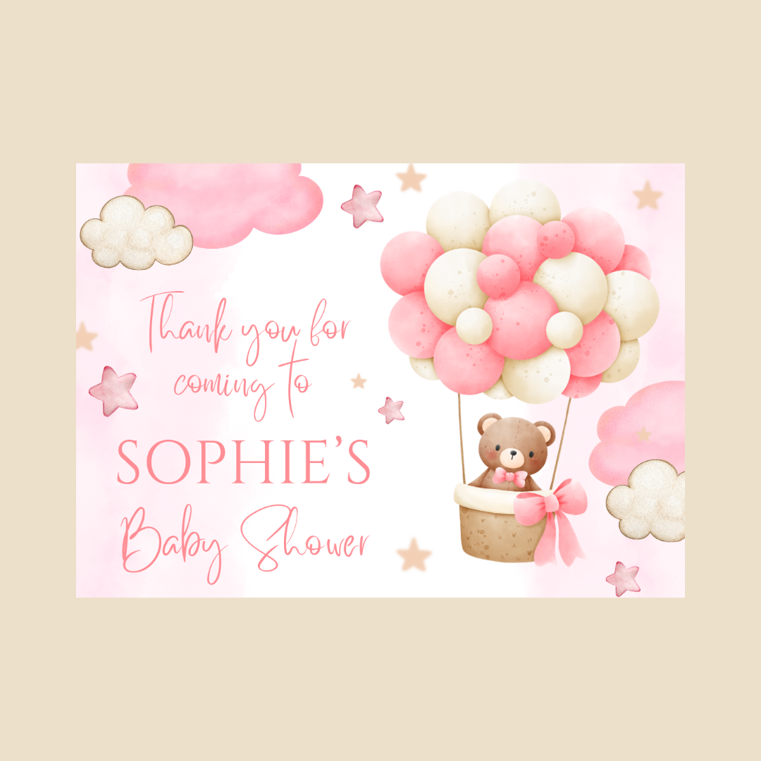 Rectangle Stickers | Pink Teddy Bear Hot Air Balloon Party Stickers | Birthday, Baby Shower, Christening Stickers | Party Bag Stickers