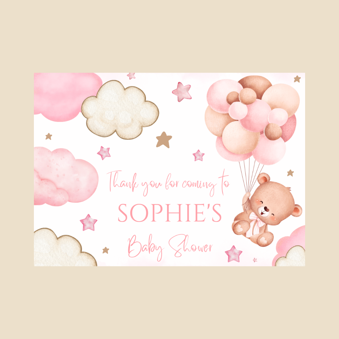 Rectangle Stickers | Pink Teddy Bear Balloon Clouds Party Stickers | Birthday, Baby Shower, Christening Stickers | Party Bag Stickers