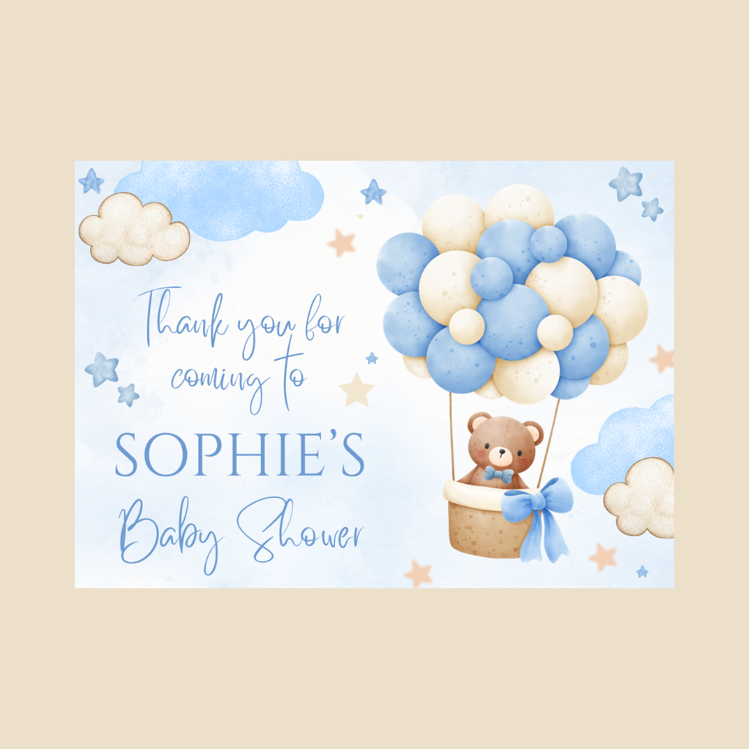 Rectangle Stickers | Blue Teddy Bear Hot Air Balloon Party Stickers | Birthday, Baby Shower, Christening Stickers | Party Bag Stickers