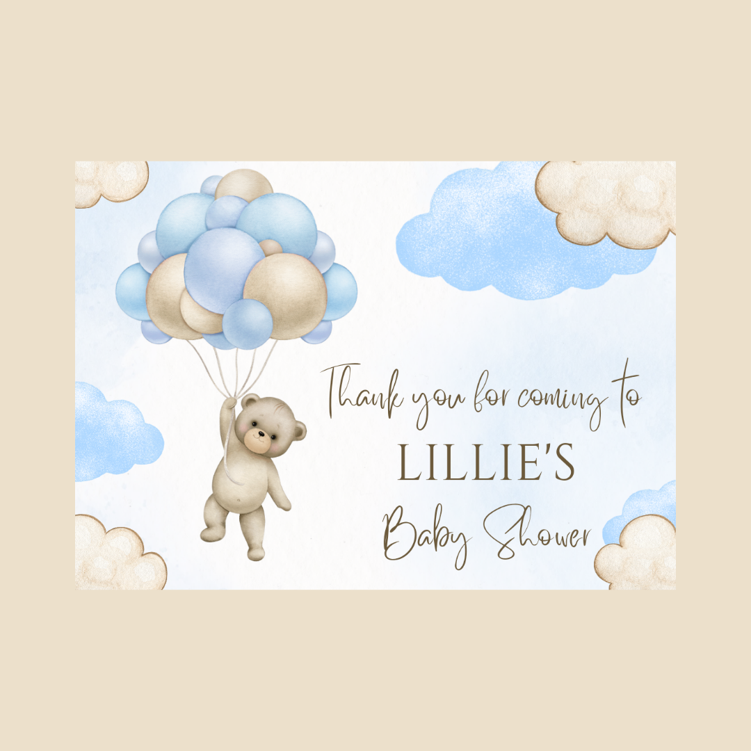 Rectangle Stickers | Blue Teddy Bear Balloon Clouds Party Stickers | Birthday, Baby Shower, Christening Stickers | Party Bag Stickers