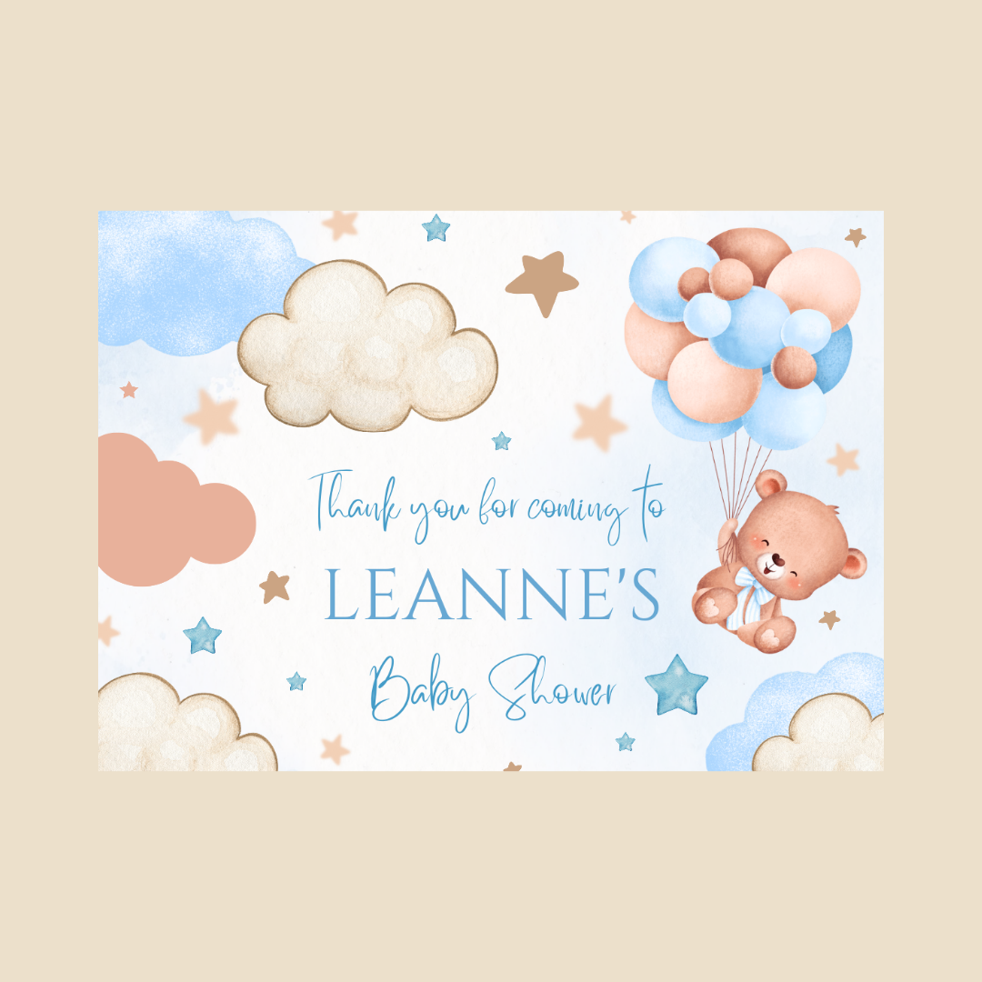 Rectangle Stickers | Blue Teddy Bear Balloon Clouds Party Stickers | Birthday, Baby Shower, Christening Stickers | Party Bag Stickers