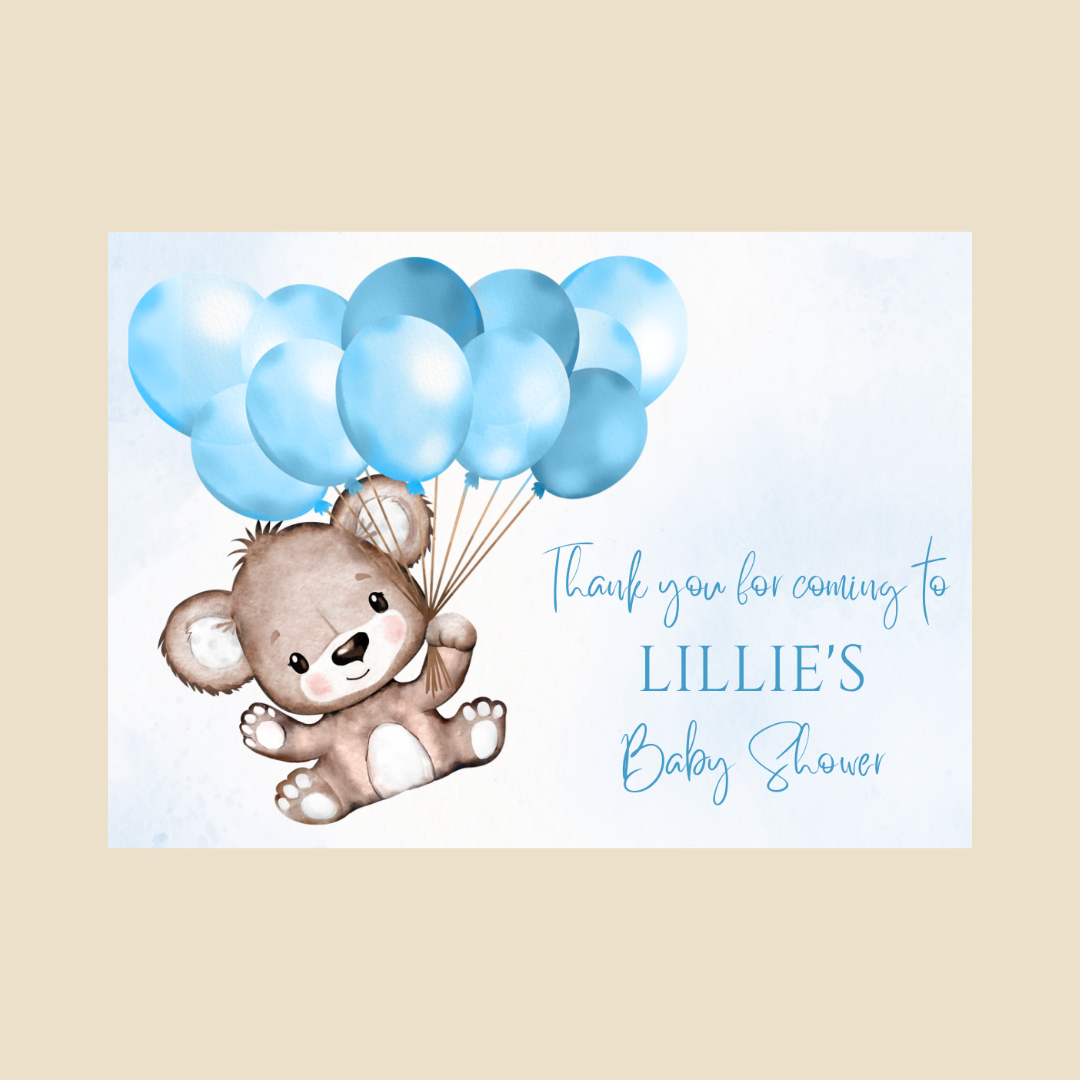 Rectangle Stickers | Blue Teddy Bear Balloon Party Stickers | Birthday, Baby Shower, Christening Stickers | Party Bag Stickers