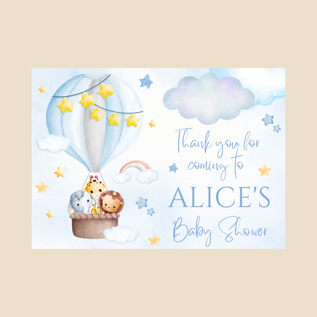 Rectangle Stickers | Blue Animal Air Balloon Party Stickers | Birthday, Baby Shower, Christening Stickers | Party Bag Stickers