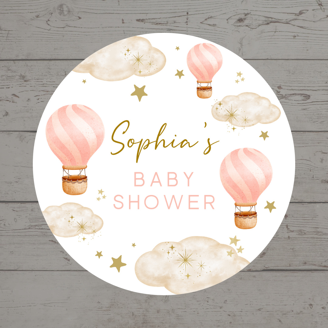 Light Pink Hot Air Balloon Party Circle Stickers | Baby Shower, Birthday Party Stickers | Pink Hot Air Balloon Party Bag Labels