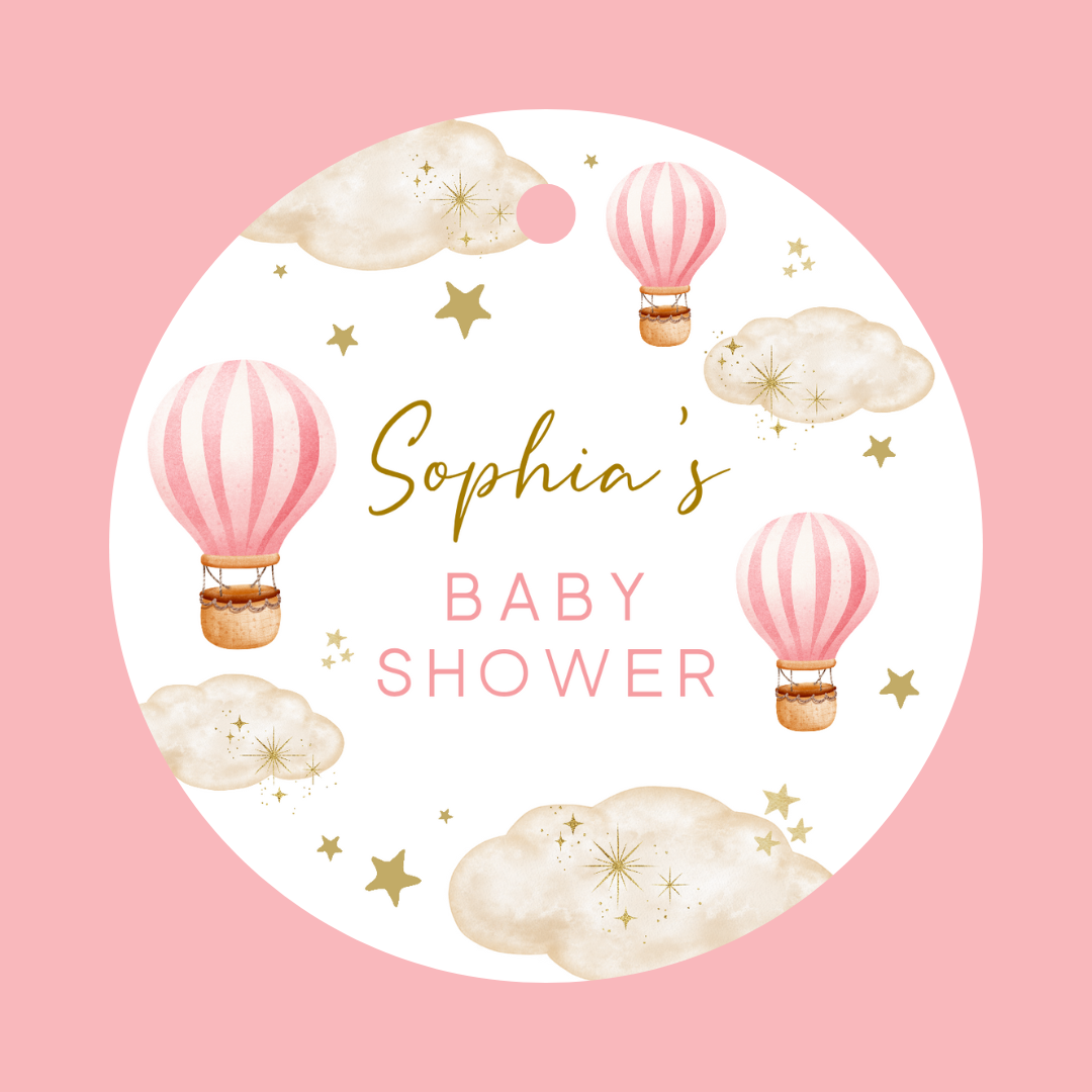 Dark Pink Hot Air Balloon Party Circle Stickers | Baby Shower, Birthday Party Stickers | Pink Hot Air Balloon Party Bag Labels