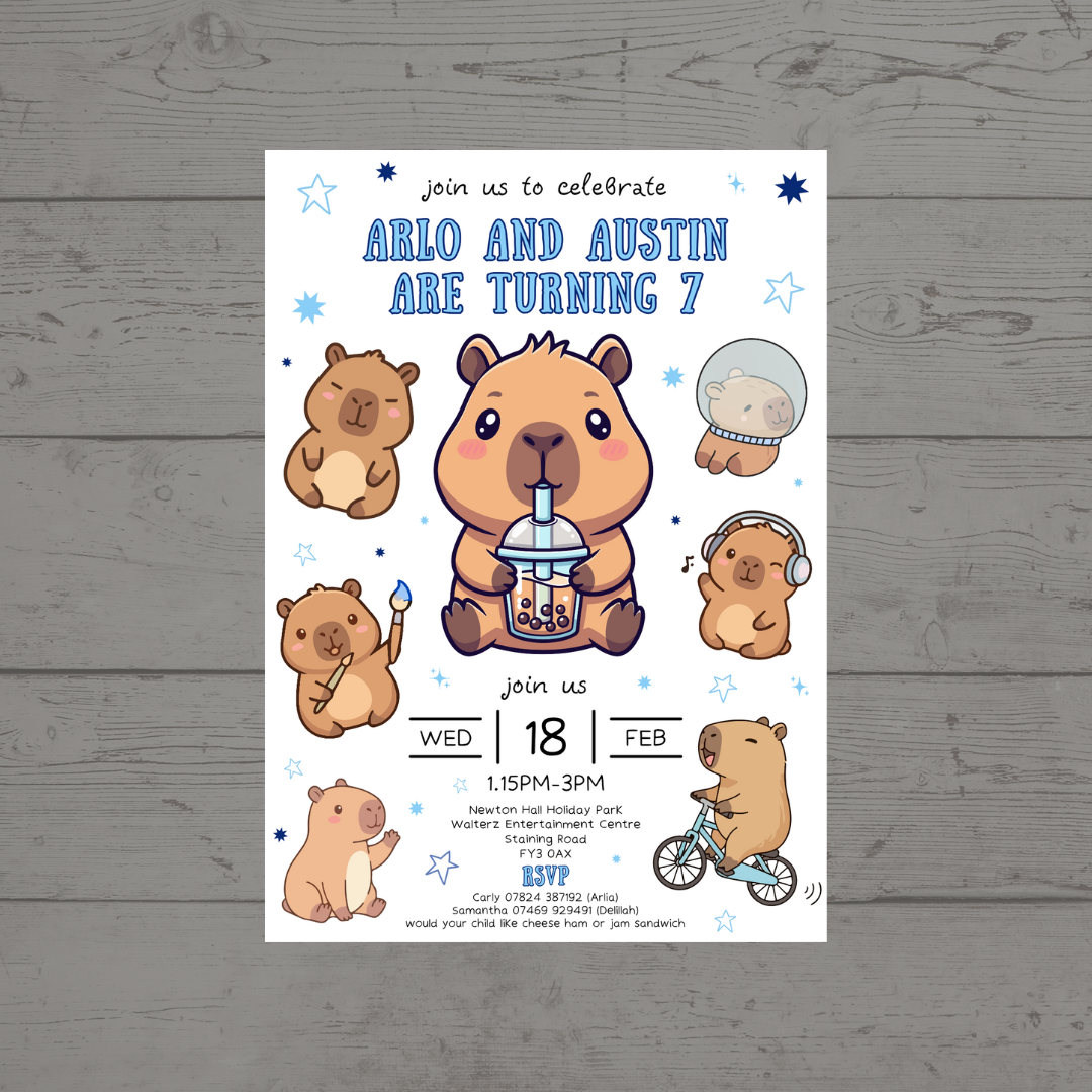 Blue Capybara Party Invitations | A6 Invites | Capybara Theme Invitations | Party Invitations - Dinky Designs