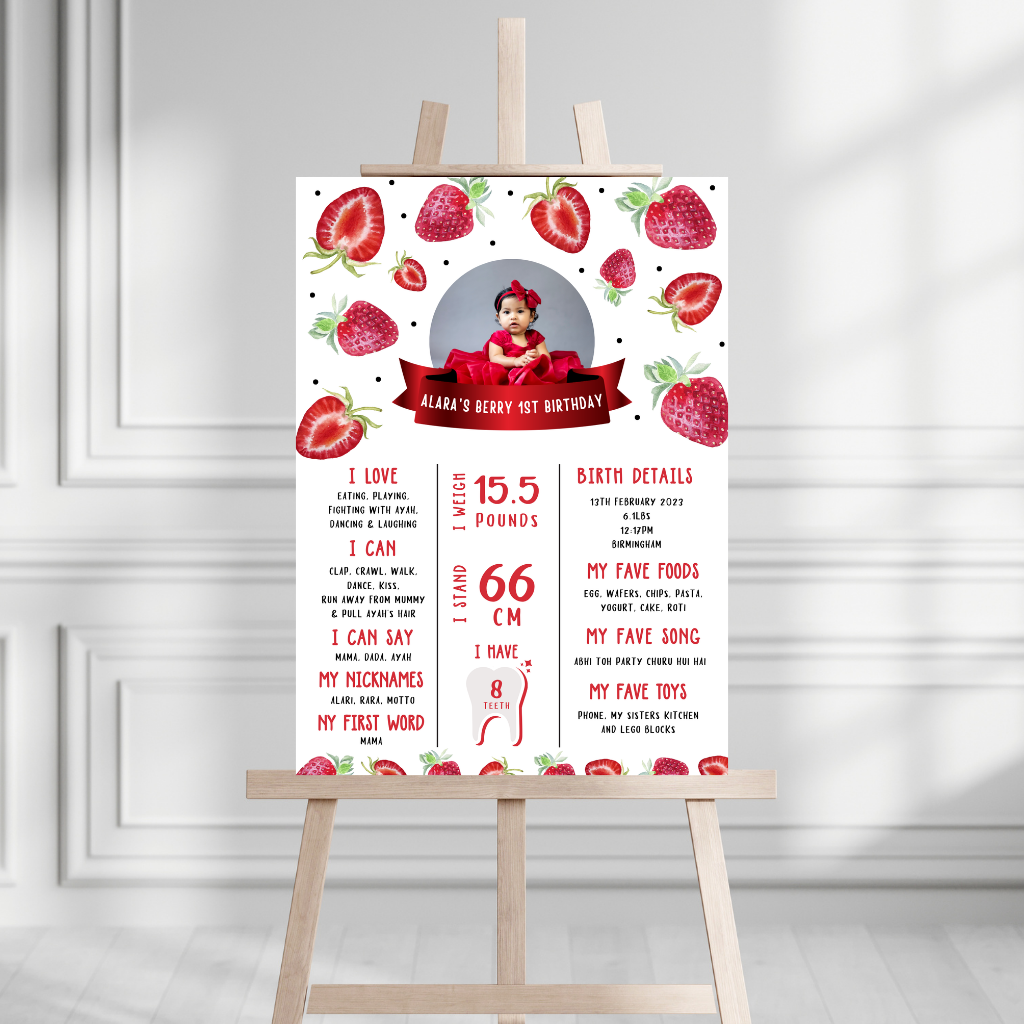 Personalised Strawberry Welcome Board Sign | Strawberry First Birthday Board | Birthday Party Sign | Strawberry Party Theme | A4, A3, A2
