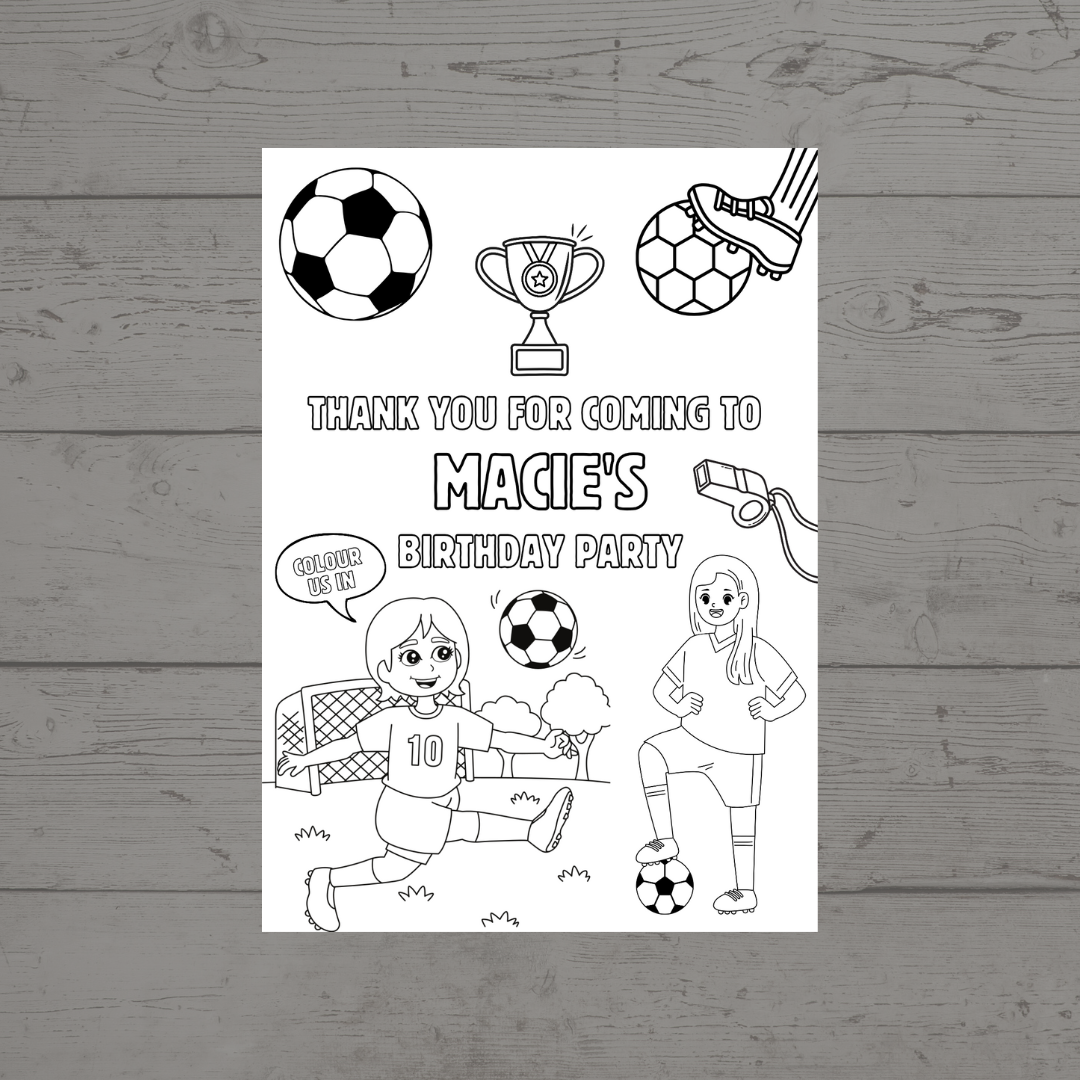 A6 Colouring Sheets | Personalised Girls Football Colouring Sheets | Party Bag Favours - Dinky Designs