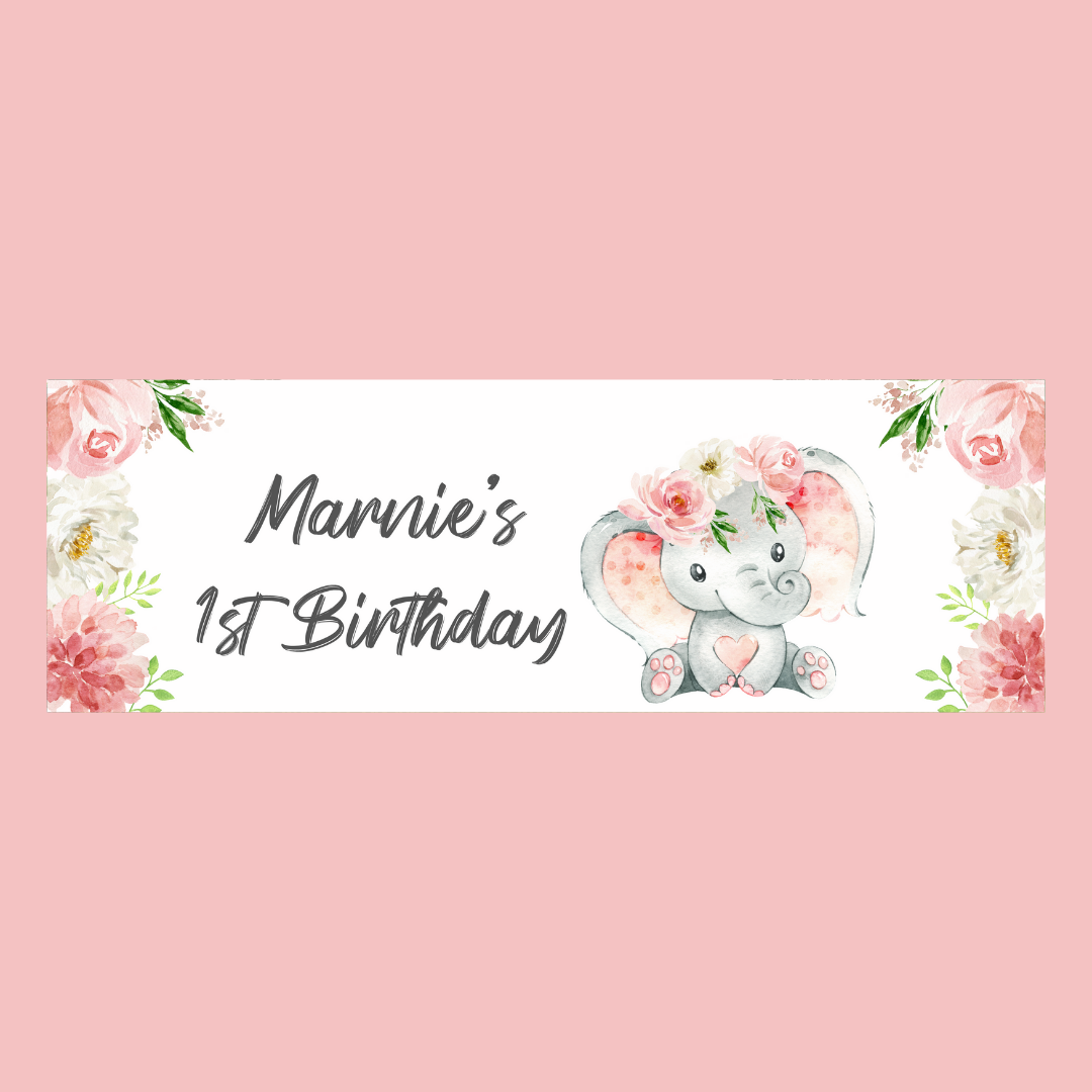 Pink Floral Elephant Crown Banner | Personalised Baby Shower Party, Birthday, Christening Banner | Baby Shower, Birthday Party Theme
