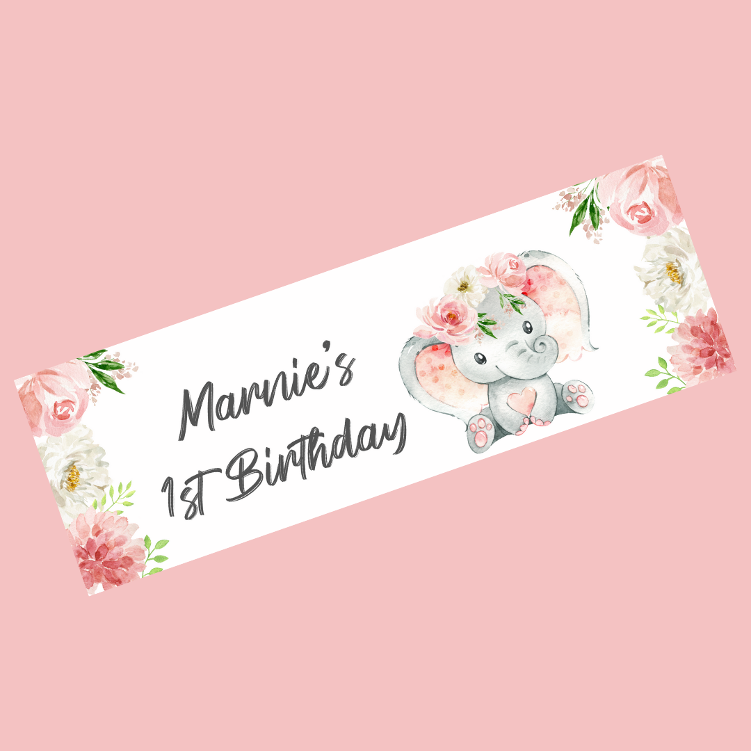 Pink Floral Elephant Crown Banner | Personalised Baby Shower Party, Birthday, Christening Banner | Baby Shower, Birthday Party Theme
