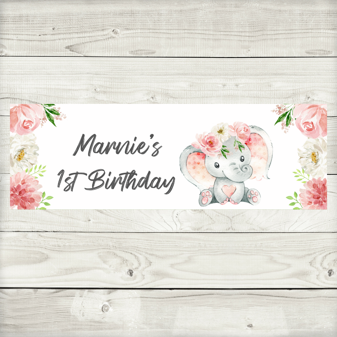 Pink Floral Elephant Crown Banner | Personalised Baby Shower Party, Birthday, Christening Banner | Baby Shower, Birthday Party Theme