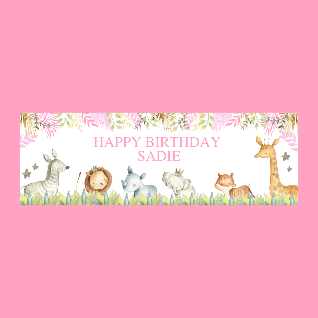 Pink Safari Animal Banner | Personalised Party Banner | Pink Safari Animal Theme