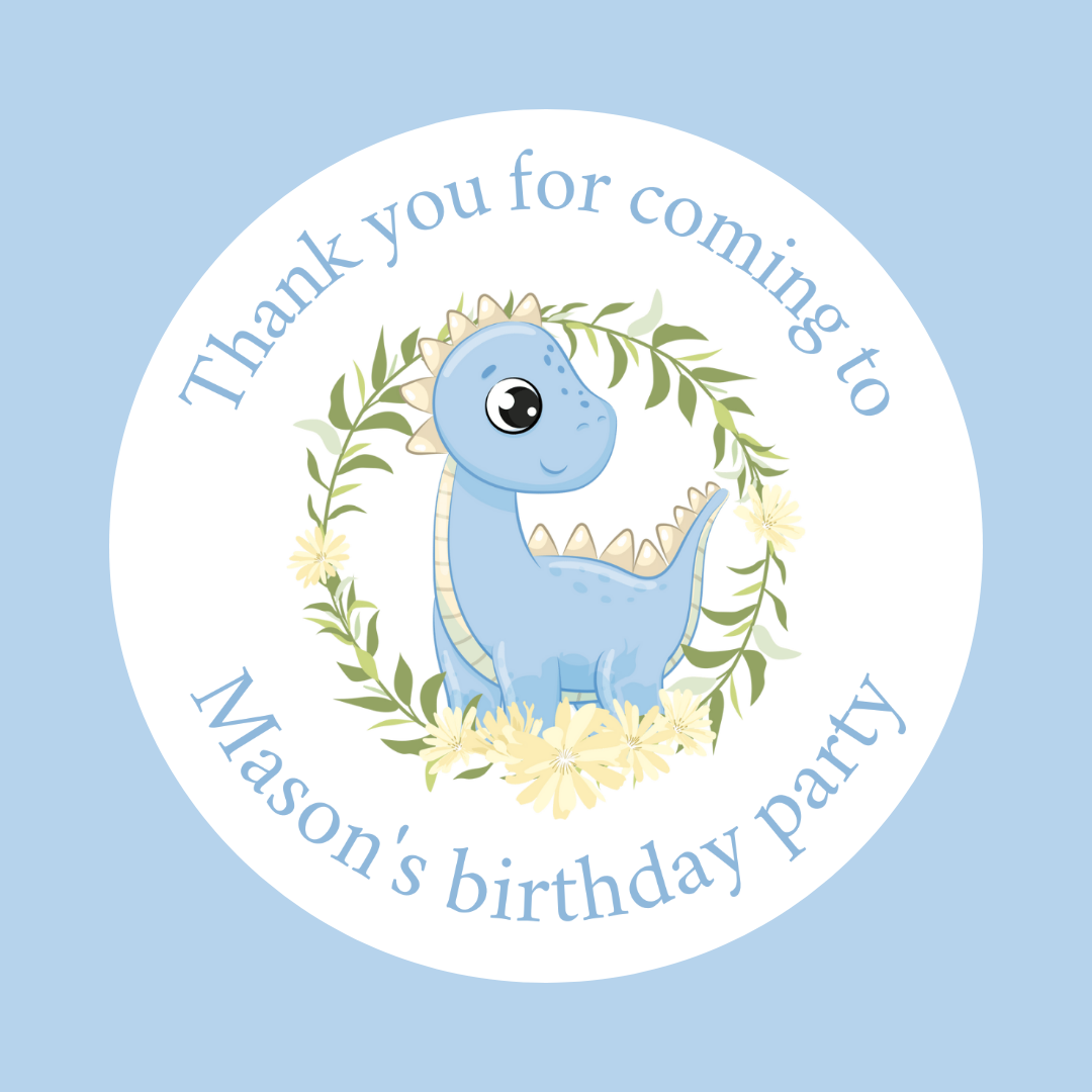Baby Blue Dinosaur Party Stickers | Circle Stickers | Sticker Sheet | Party Stickers | Dinosaur Party Theme