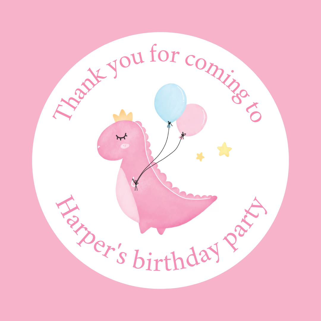 Pink Princess Crown Balloon Dinosaur Party Stickers | Circle Stickers | Sticker Sheet | Party Stickers | Dinosaur Party Theme
