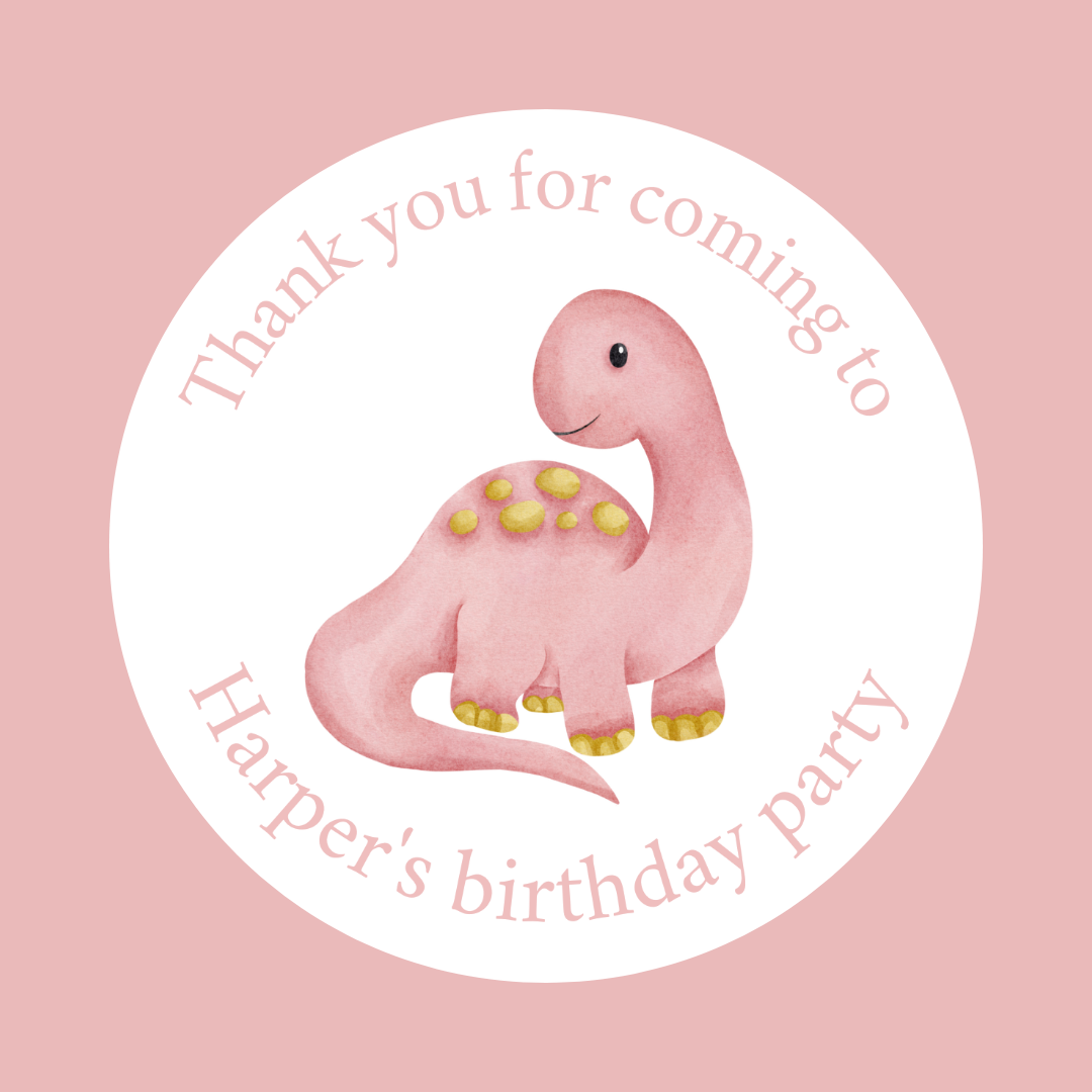Pink Dinosaur Party Stickers | Circle Stickers | Sticker Sheet | Party Stickers | Dinosaur Party Theme