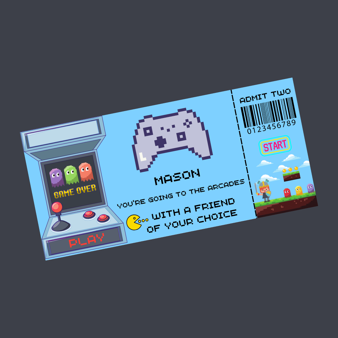 Surprise Ticket Print | Personalised Arcade Gaming Ticket Pass Voucher Membership | Gift Idea