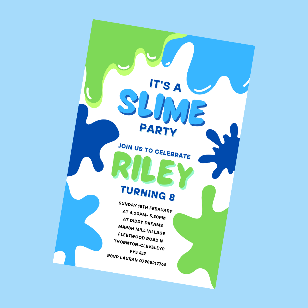 Blue Green Slime Birthday Invitations | A6 Invites | Slime Theme Invitations | Party Invitations
