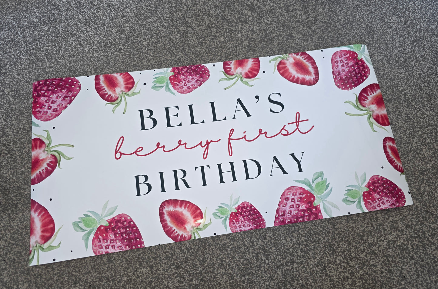 Strawberry Banner | Personalised Strawberry Birthday, Baby Shower, Christening Party Banner | Strawberry Party Theme - Dinky Designs
