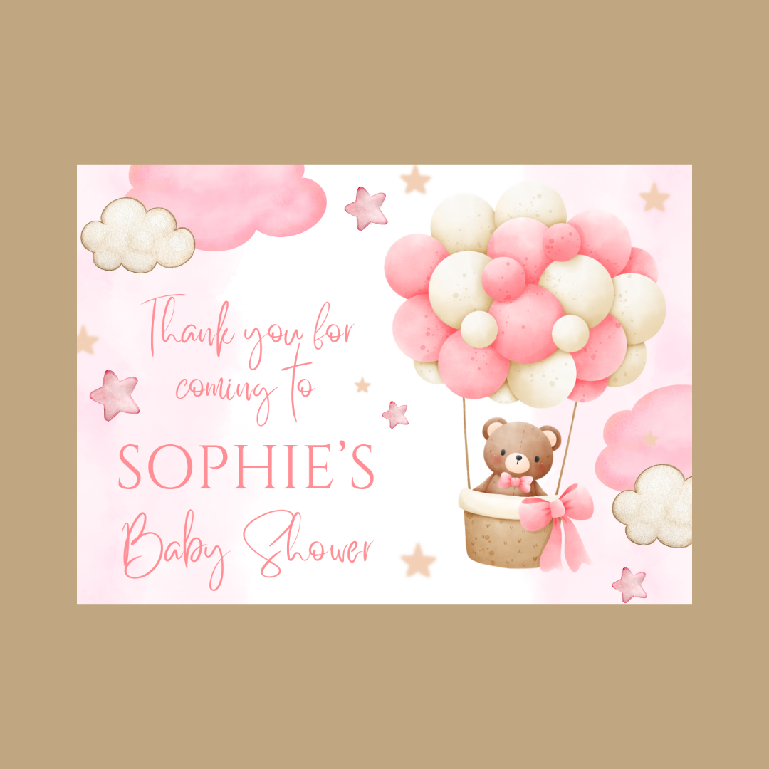Rectangle Stickers | Pink Teddy Bear Hot Air Balloon Party Stickers | Birthday, Baby Shower, Christening Stickers | Party Bag Stickers