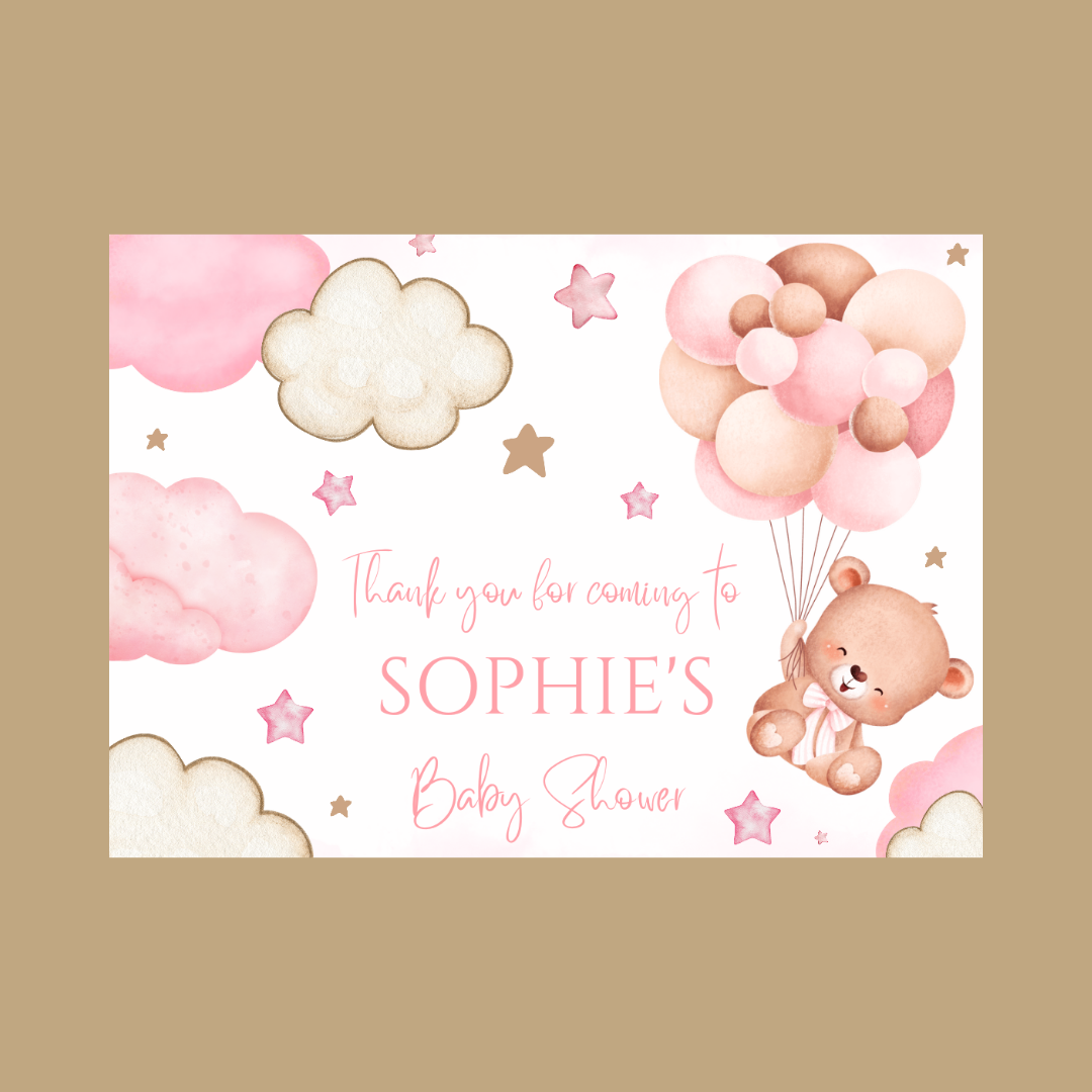 Rectangle Stickers | Pink Teddy Bear Balloon Clouds Party Stickers | Birthday, Baby Shower, Christening Stickers | Party Bag Stickers