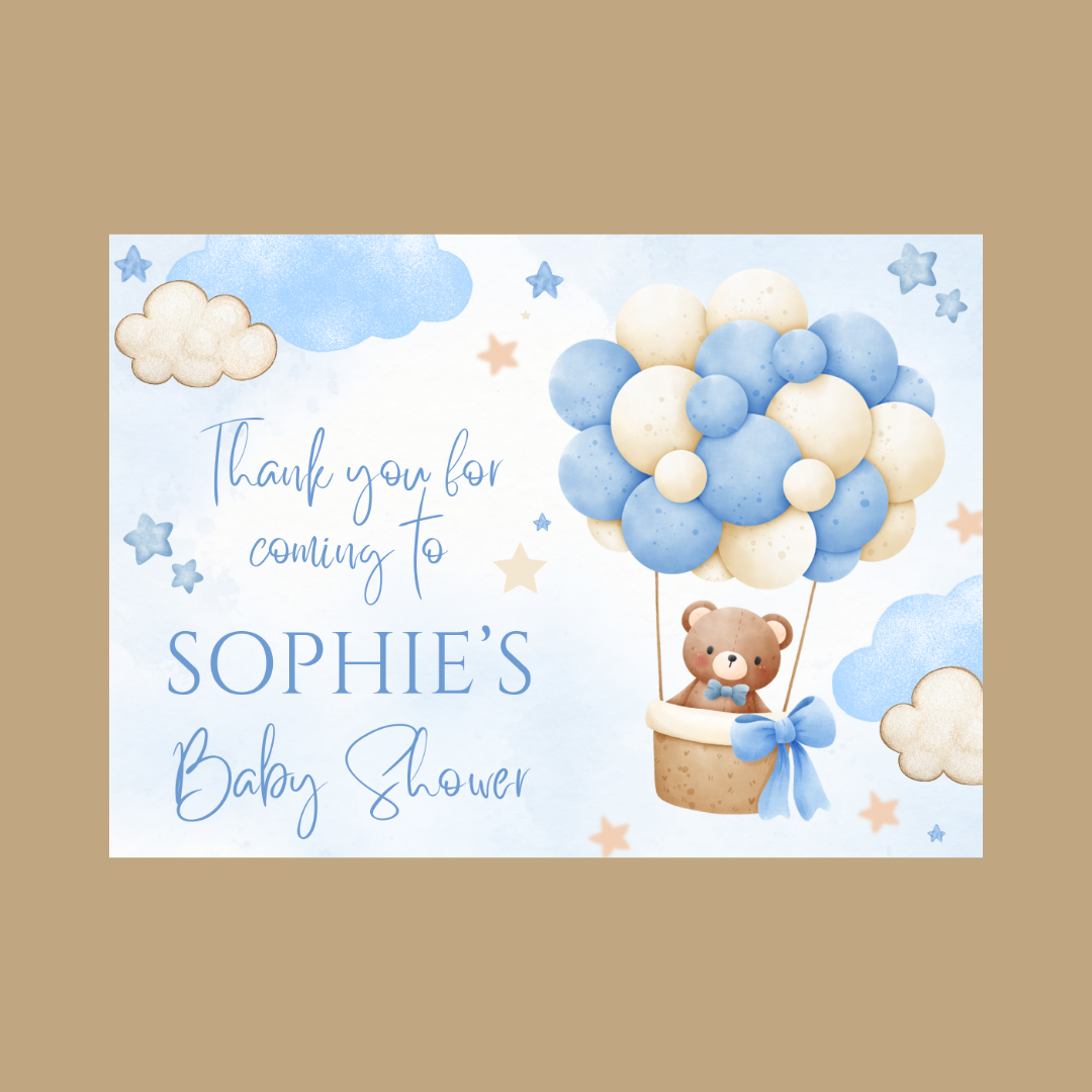 Rectangle Stickers | Blue Teddy Bear Hot Air Balloon Party Stickers | Birthday, Baby Shower, Christening Stickers | Party Bag Stickers
