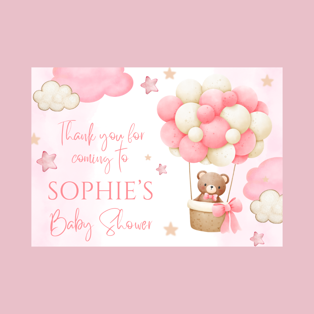 Rectangle Stickers | Pink Teddy Bear Hot Air Balloon Party Stickers | Birthday, Baby Shower, Christening Stickers | Party Bag Stickers