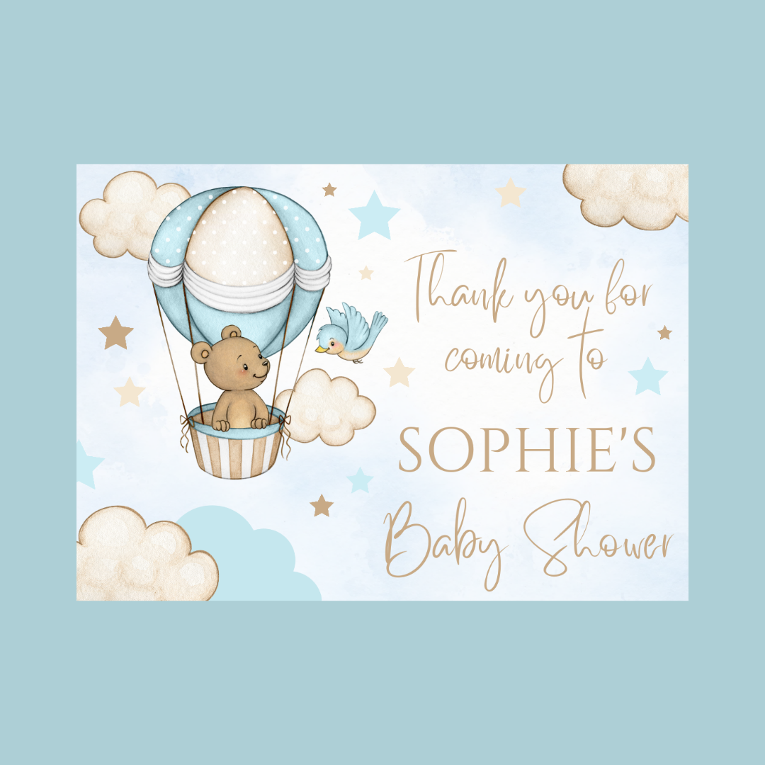 Rectangle Stickers | Blue Teddy Bird Cloud Hot Air Balloon Party Stickers | Birthday, Baby Shower, Christening Stickers | Party Bag Stickers