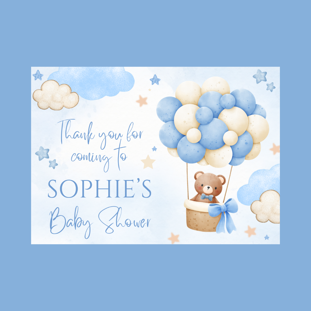 Rectangle Stickers | Blue Teddy Bear Hot Air Balloon Party Stickers | Birthday, Baby Shower, Christening Stickers | Party Bag Stickers