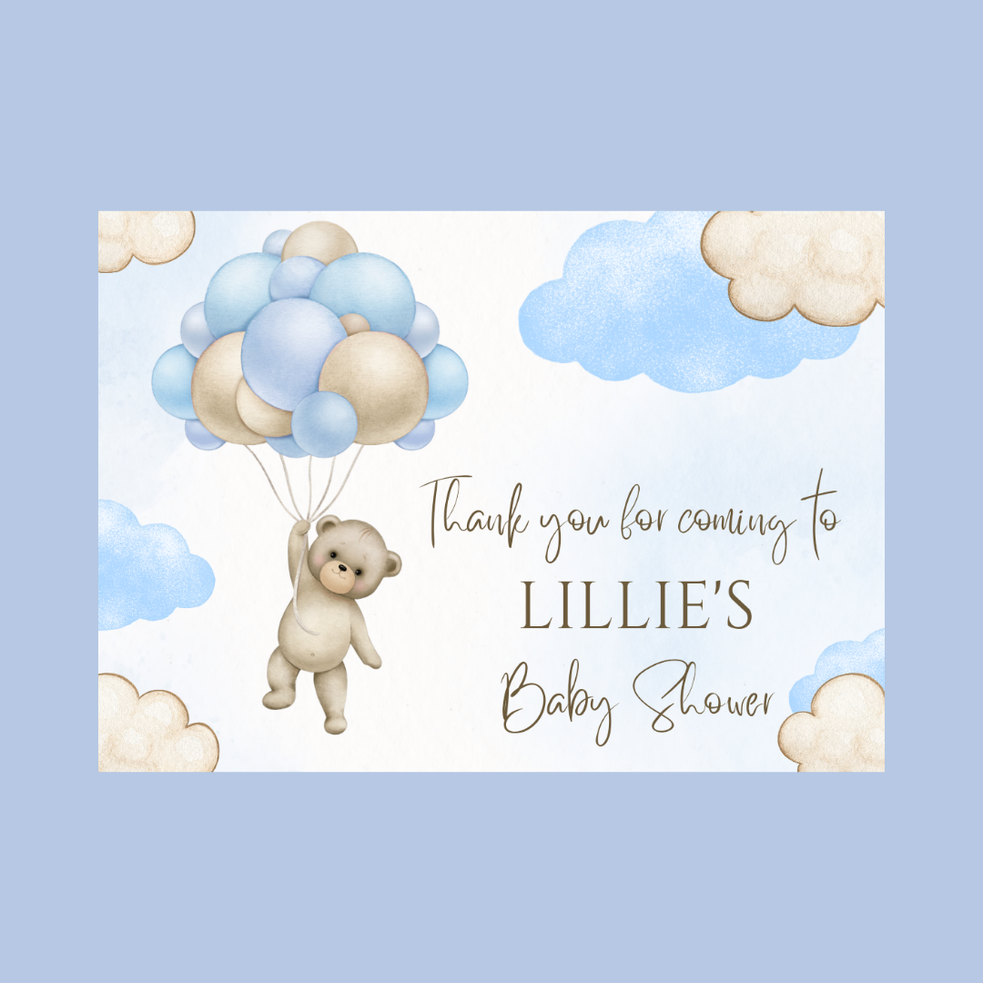Rectangle Stickers | Blue Teddy Bear Balloon Clouds Party Stickers | Birthday, Baby Shower, Christening Stickers | Party Bag Stickers