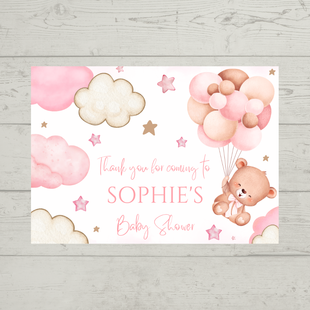 Rectangle Stickers | Pink Teddy Bear Balloon Clouds Party Stickers | Birthday, Baby Shower, Christening Stickers | Party Bag Stickers