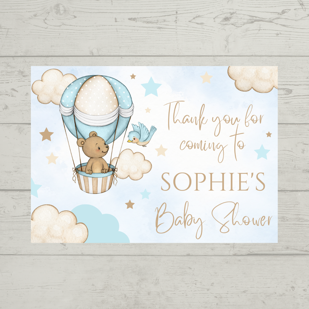 Rectangle Stickers | Blue Teddy Bird Cloud Hot Air Balloon Party Stickers | Birthday, Baby Shower, Christening Stickers | Party Bag Stickers