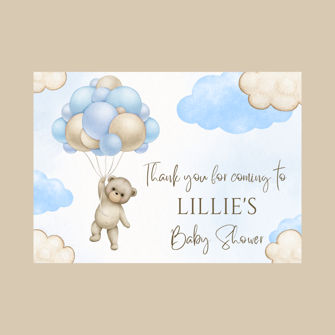 Rectangle Stickers | Blue Teddy Bear Balloon Clouds Party Stickers | Birthday, Baby Shower, Christening Stickers | Party Bag Stickers