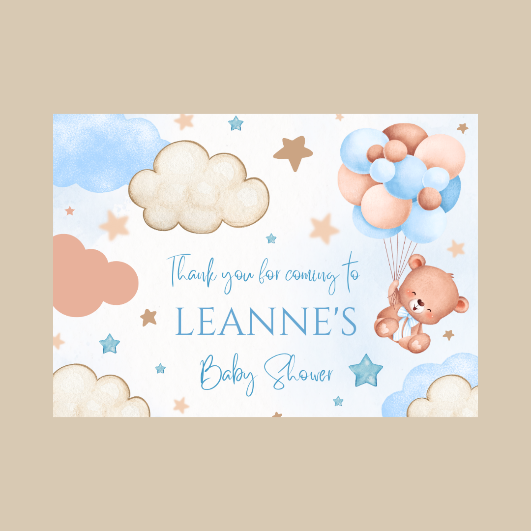 Rectangle Stickers | Blue Teddy Bear Balloon Clouds Party Stickers | Birthday, Baby Shower, Christening Stickers | Party Bag Stickers