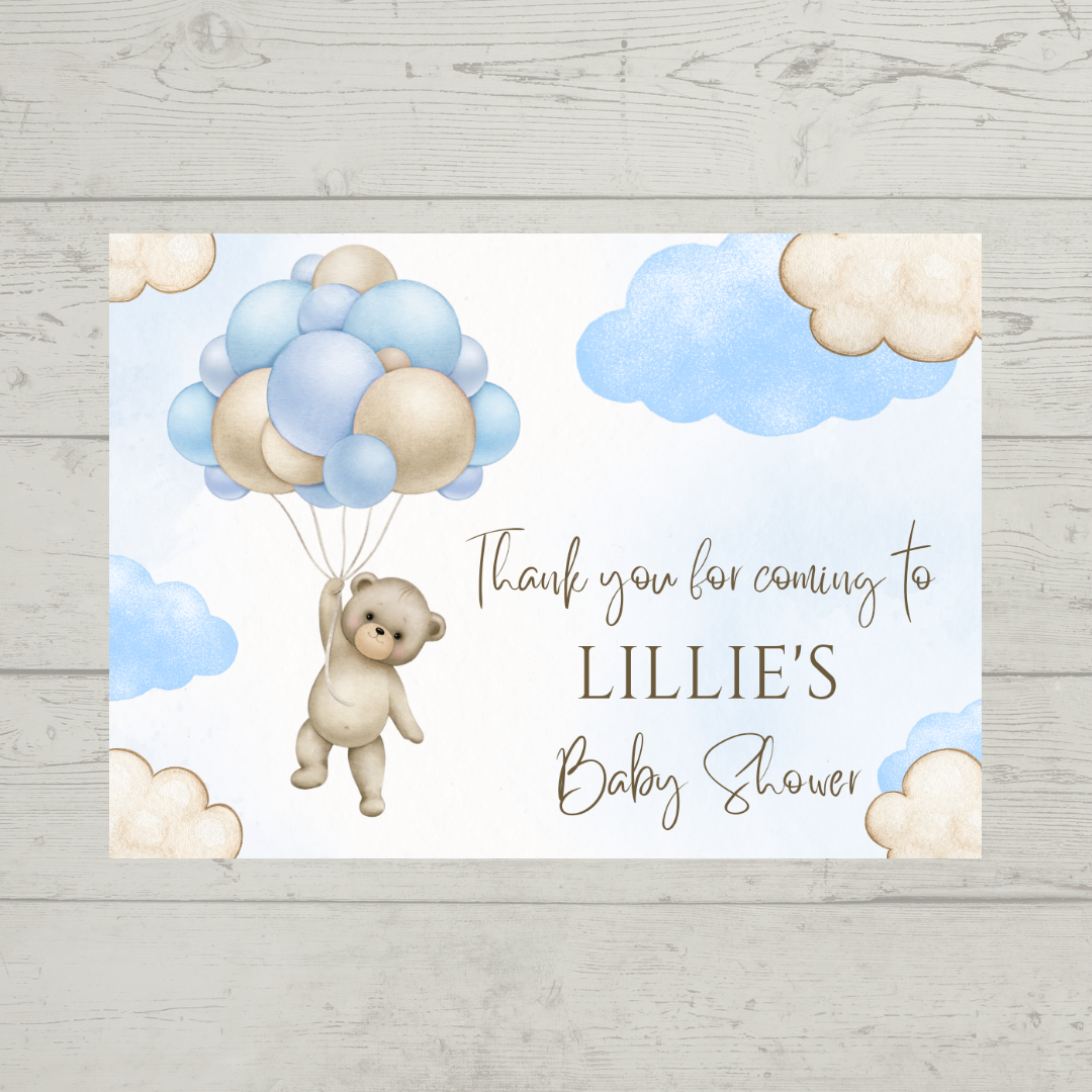 Rectangle Stickers | Blue Teddy Bear Balloon Clouds Party Stickers | Birthday, Baby Shower, Christening Stickers | Party Bag Stickers