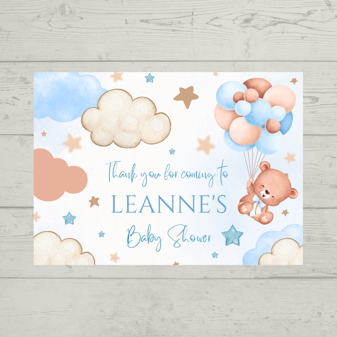 Rectangle Stickers | Blue Teddy Bear Balloon Clouds Party Stickers | Birthday, Baby Shower, Christening Stickers | Party Bag Stickers