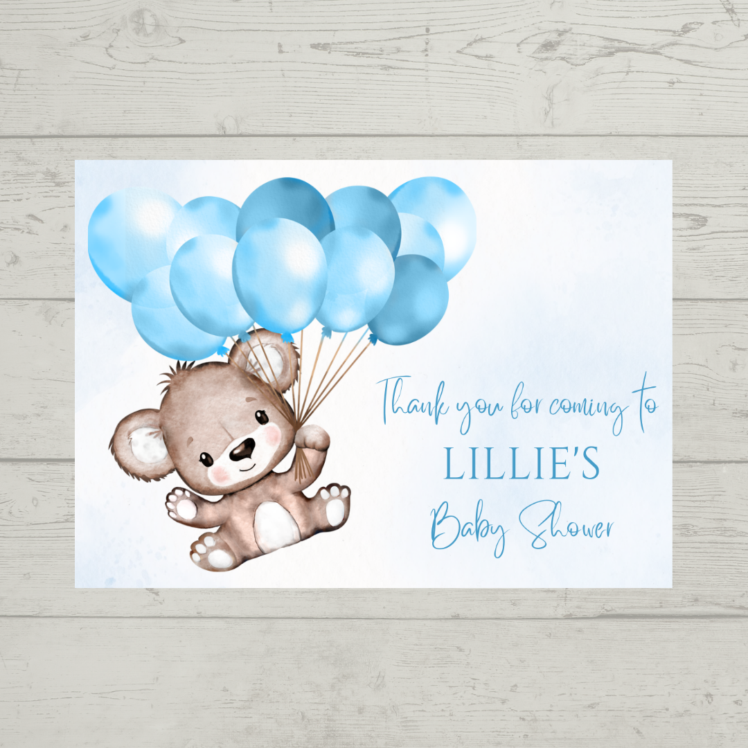 Rectangle Stickers | Blue Teddy Bear Balloon Party Stickers | Birthday, Baby Shower, Christening Stickers | Party Bag Stickers