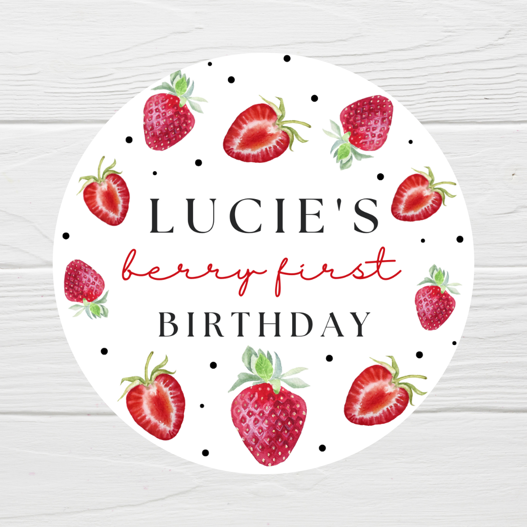 Strawberry Birthday Party Stickers | Circle Stickers | Sticker Sheet | Party Stickers | Strawberry Party Theme