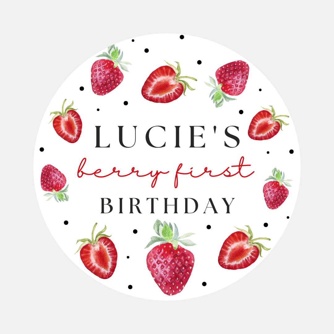 Strawberry Birthday Party Stickers | Circle Stickers | Sticker Sheet | Party Stickers | Strawberry Party Theme